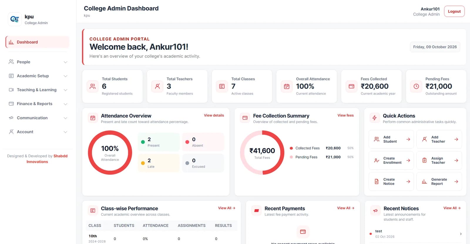 MySLS school and college administration dashboard showing academic management tools